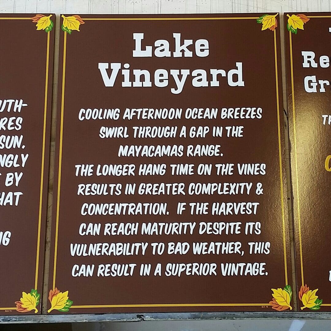 Sign describing Lake Vineyard characteristics.